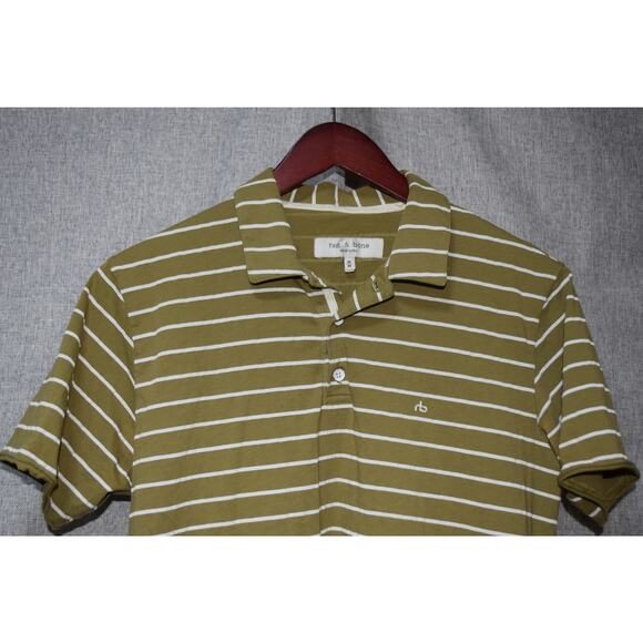 Rag & Bone Olive Green White Stripe Polo Shirt Medium Organic Cotton - Picture 2 of 4